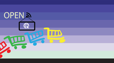 Shopping cart with open sign on the screen. Vector illustration.