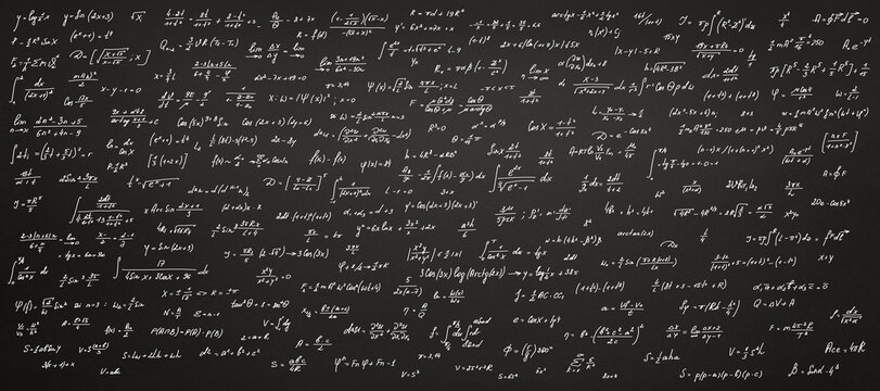 abstract mathematical background, formulas and calculations are drawn in chalk on a blackboard