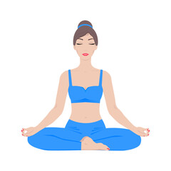 Young woman in lotus position practicing yoga, meditating. Color vector illustration in flat style. Isolated on white background.	