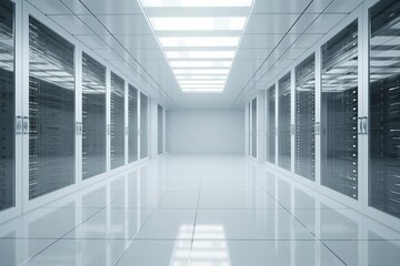 Fototapeta premium Computer data center room facility with server raks. Storage solutions. cloud storage servers. Generative Ai