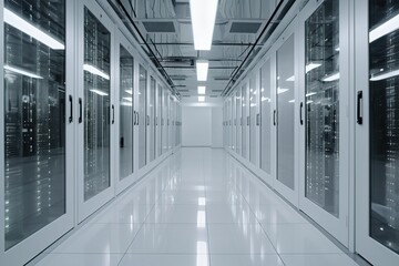 Computer data center room facility with server raks. Storage solutions. cloud storage servers. Generative Ai