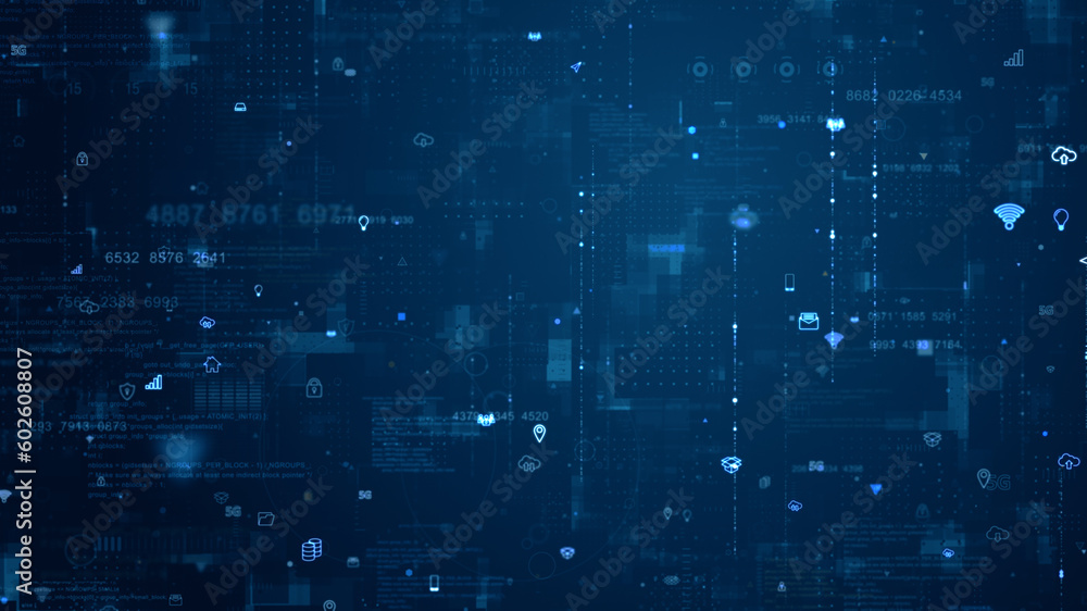 Wall mural blue data matrix simulation digital grid line and ai technology icon with futuristic hud screen on b