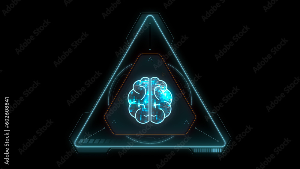 Poster blue digital brain logo and artificial intelligence (ai) concept with futuristic hud triangle techno