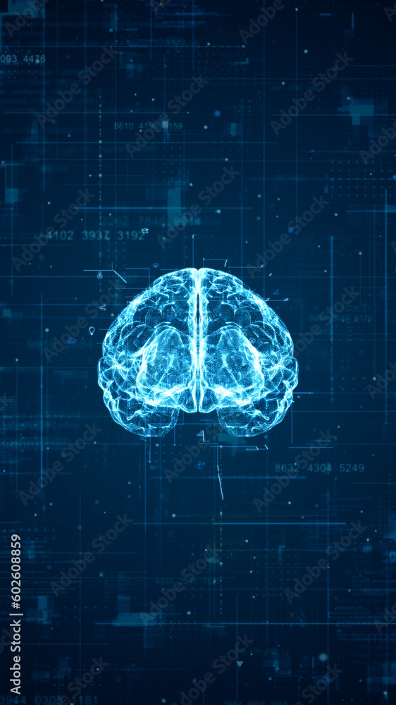 Poster blue particle digital brain logo with grid line and technology icon rotation on futuristic hud backg