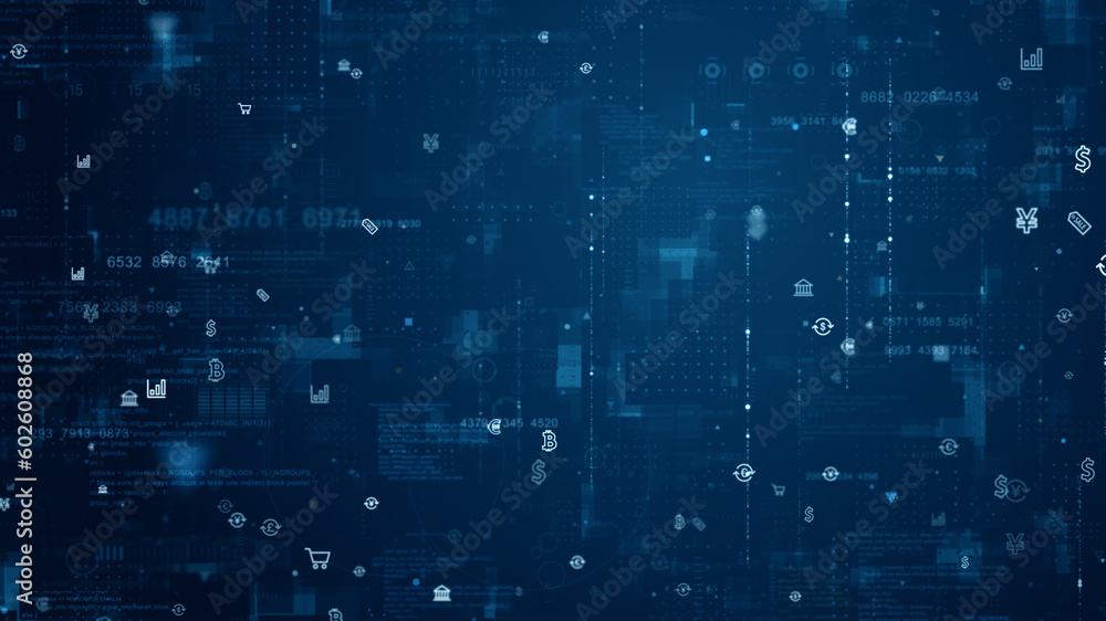 Poster blue money icon and data matrix simulation digital grid line with futuristic hud screen on blue abst
