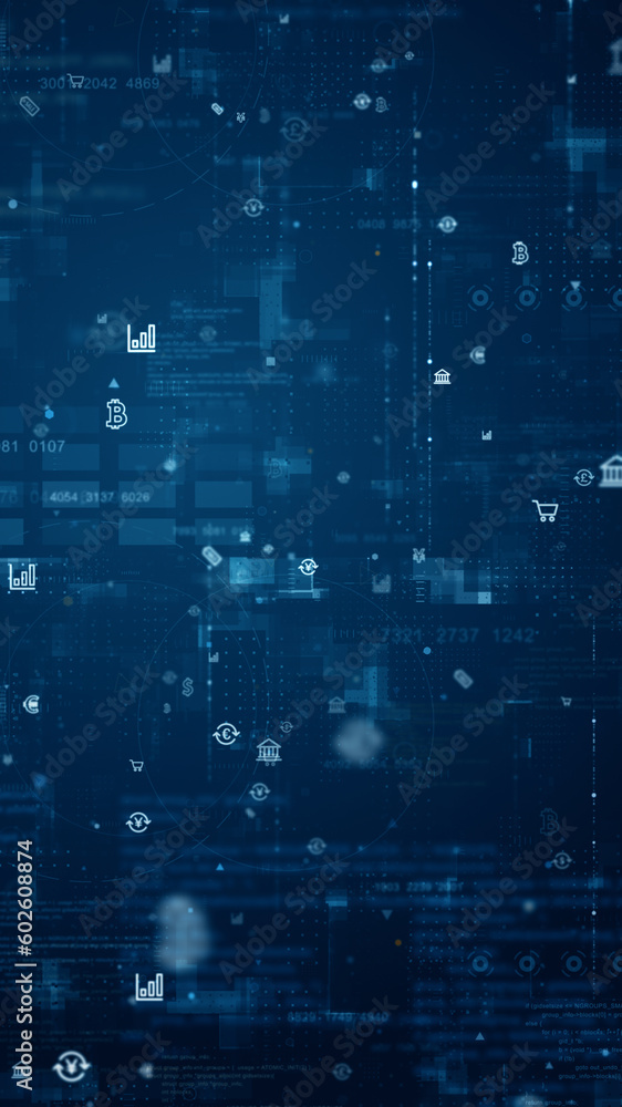 Aufkleber blue money icon and data matrix simulation digital grid line with futuristic hud screen on blue abst