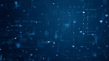 Blue data matrix simulation digital grid line and ai technology icon with futuristic HUD screen on blue abstract background