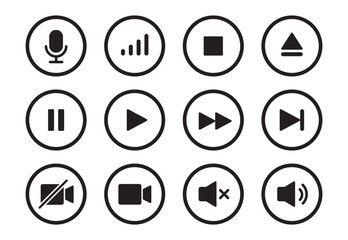 Audio, video, music player circle button icon. Sound control, play, pause button solid icon set. Camera, media control, microphone interface pictogram. Vector illustration.