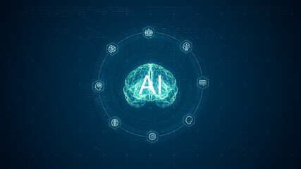 Fototapeta na wymiar Blue digital brain logo and circle futuristic HUD with Ai chatbot and machine learning technology with artificial intelligence and robot icon concepts on abstract background
