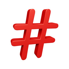 Red hashtag symbol or icon design in 3d rendering