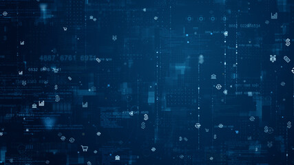 Blue money icon and data matrix simulation digital grid line with futuristic HUD screen on blue abstract background technology and cryptocurrency concept