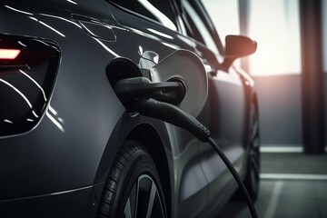 car plugged at charging station. Hybrid Ev car. Electric vehicle. Generative Ai