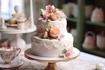 Obraz na płótnie Canvas White two-tier wedding cake with flowers on it. AI generated