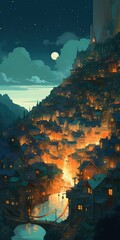 Beautiful illustration of a fairytale village, magic world, cartoon drawing. Generative Ai