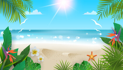 beautiful beach scene in summer with tropical plants - obrazy, fototapety, plakaty