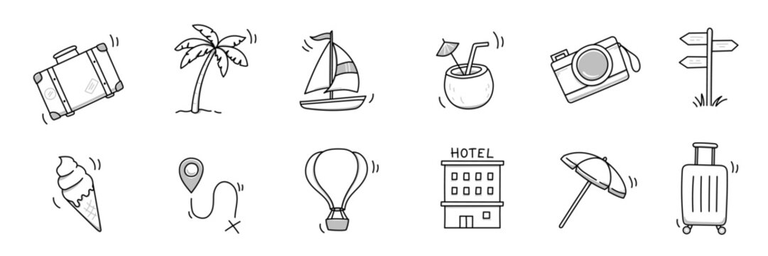 Summer travel vacation drawn icon set. Hand drawn sketch doodle style summer trip, vacation icon. Camera, travel bag, palm doodle element. Funny tourism vector illustration.