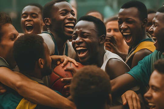 Showcase the teamwork aspect of basketball or celebrating together after a successful play ai generated art Generative AI