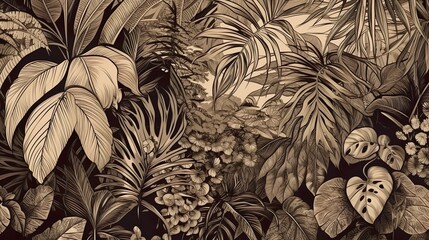 Tropical Serenity: Sepia-Toned Paradise with Coconut Trees and Palm Leaves. Generative AI
