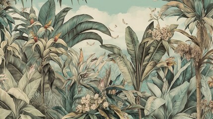 tropical plants wallpaper, palm tree landscape, pastel tones, mural art. Generative AI