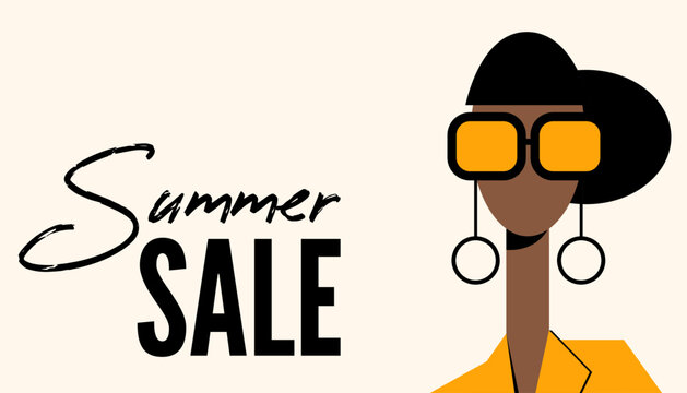 advertising banner, summer sale, fashion industry, girl in sunglasses, flat style, minimalism