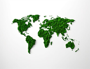 realistic green leaves forming world map on white background