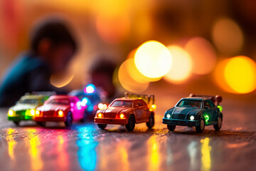 Fototapeta na wymiar A picture of a group of children playing with toy cars, with colorful and playful bokeh lights in the background, toys, children's day, bokeh Generative AI