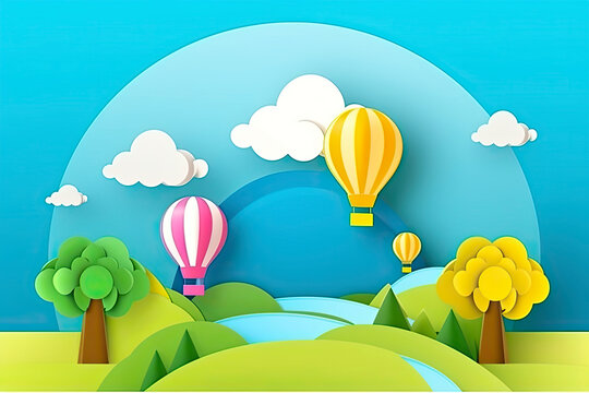 3D paper cut of Summer season on green nature landscape, hot air balloons and clouds on blue sky background