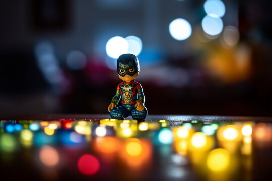 An image of a child playing with a toy superhero set, with soft and imaginative bokeh lights in the background, toys, children's day, bokeh Generative AI