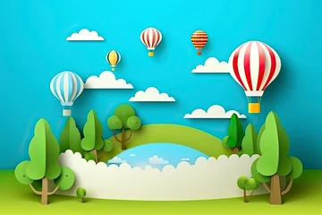 Poster 3D paper cut of Summer season on green nature landscape, hot air balloons and clouds on blue sky background © rufous