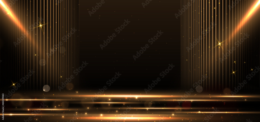 Wall mural Elegant golden stage horizontal glowing with lighting effect sparkle on black background. Template premium award design.