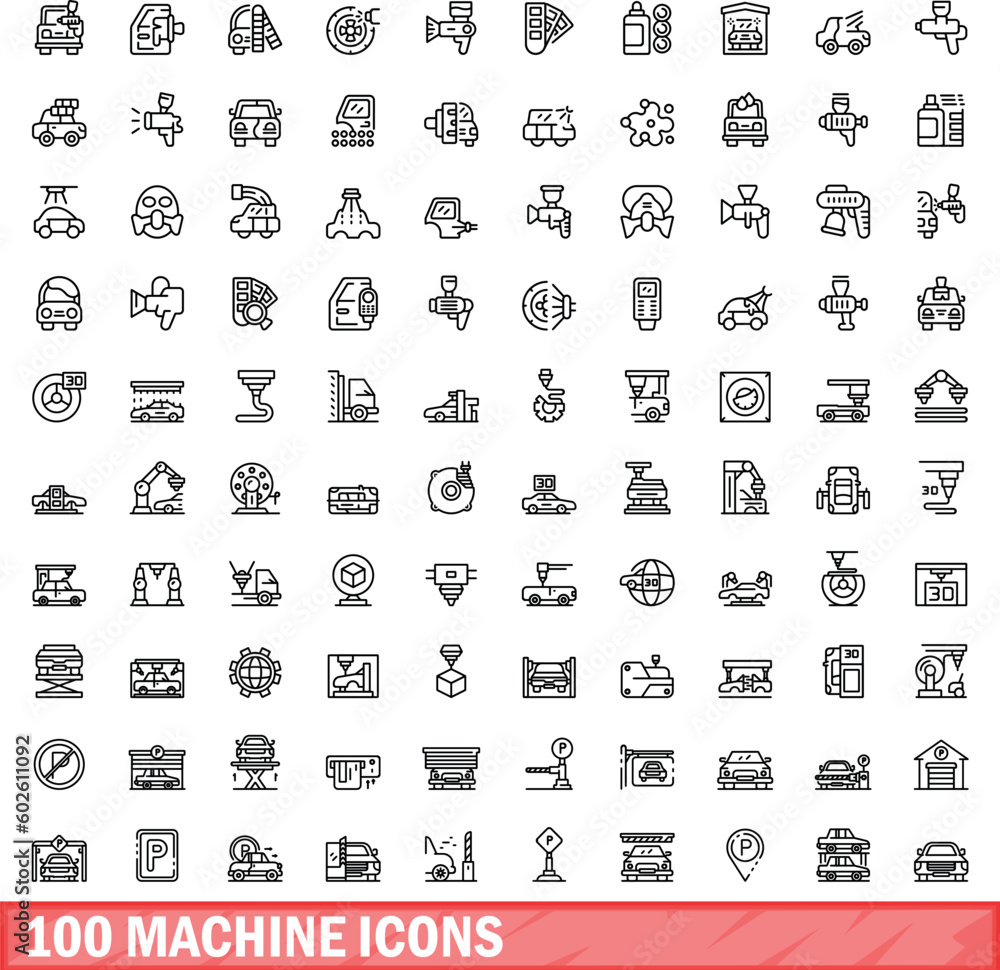 Poster 100 machine icons set. outline illustration of 100 machine icons vector set isolated on white backgr