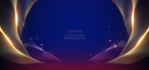 Abstract elegant dark blue background with golden curved line and lighting effect. Luxury template celebration award design.