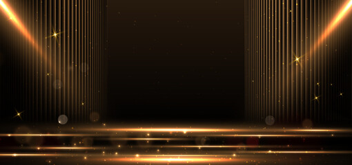 Elegant golden stage horizontal glowing with lighting effect sparkle on black background. Template premium award design.