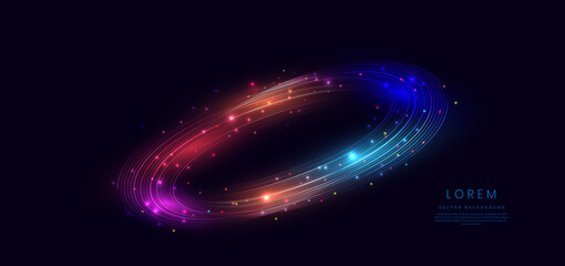 Obraz premium Abstract technology futuristic glowing blue and red light curved lines with high-speed effect on dark blue background.