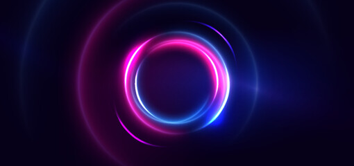 Abstract technology futuristic circles neon glowing blue and pink light lines with speed motion blur effect on dark blue background. - obrazy, fototapety, plakaty