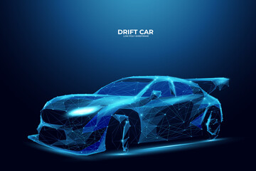Drift Car in polygon on dark blue background. Abstract digital sport car. 3D wireframe vector illustration. Technology blue colors. Futuristic auto sport poster.