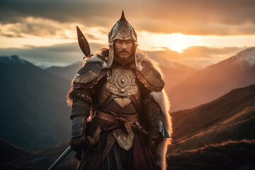 medieval asian man armed Kazakh warrior in traditional historical armor in mountains at sunset. Generative AI illustration
