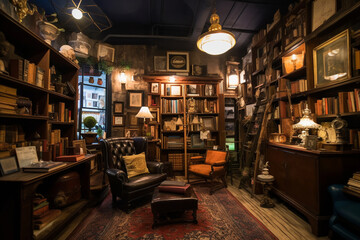 A cozy corner of the vintage store adorned with antique furniture and shelves filled with vintage books, inviting visitors to immerse themselves in the charm of the past Generative AI
