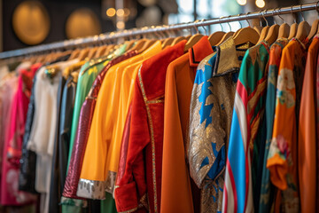 An eclectic display of vintage clothing hanging on racks, with vibrant colors and unique patterns, creating a nostalgic atmosphere in the store Generative AI
