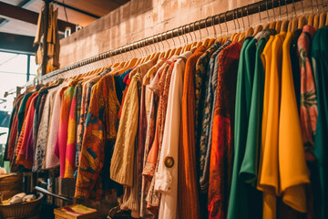 Fototapeta premium An eclectic display of vintage clothing hanging on racks, with vibrant colors and unique patterns, creating a nostalgic atmosphere in the store Generative AI