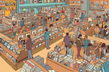 A bustling scene in a vintage record store, with rows of vinyl records neatly organized and customers flipping through the collections, searching for hidden musical gems Generative AI