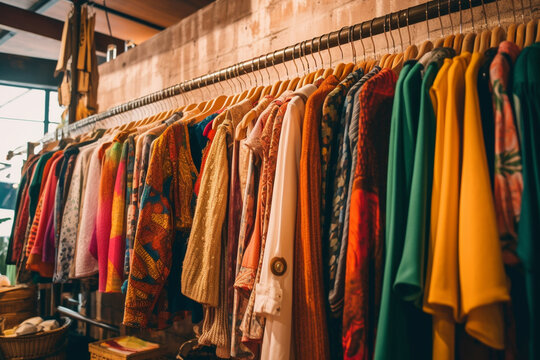 Fototapeta An eclectic display of vintage clothing hanging on racks, with vibrant colors and unique patterns, creating a nostalgic atmosphere in the store Generative AI