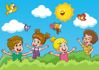 little kid play together with friend and feel happy vector