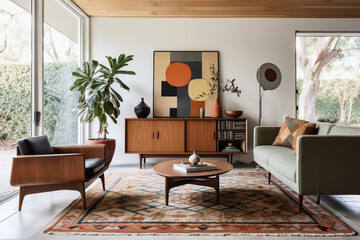 A mid-century modern living room with a teak wood sideboard, a retro patterned rug, an Eames lounge chair, and a statement pendant light Generative AI