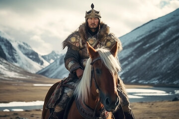 medieval Asian male Kazakh warrior in traditional armor in horse in mountains of Asia. Generative AI illustration