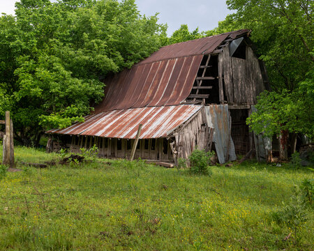 Old barn surrounded by trees