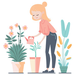 Vector illustration of a young girl watering potted flowers with a watering can. Houseplant care. Blond woman in jeans. Simple flat style. Pastel shades.