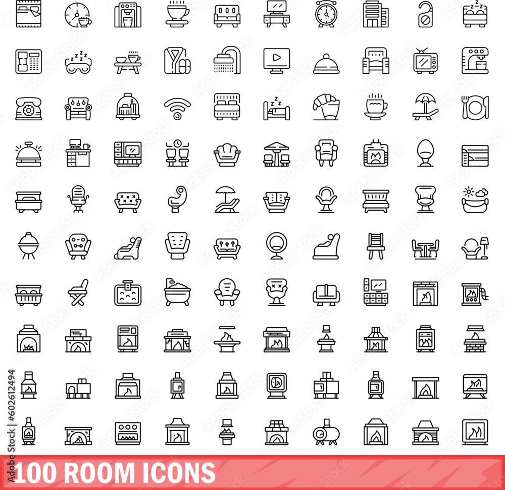 Sticker 100 room icons set. Outline illustration of 100 room icons vector set isolated on white background