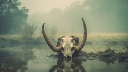 Creepy looking old buffalo skull with long horns that died in dirty murky water swamp, eerie mist of death and rotting decay hangs in air - generative AI - obrazy, fototapety, plakaty