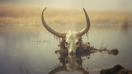 Creepy looking old buffalo skull with long horns that died in dirty murky water swamp, eerie mist of death and rotting decay hangs in air - generative AI